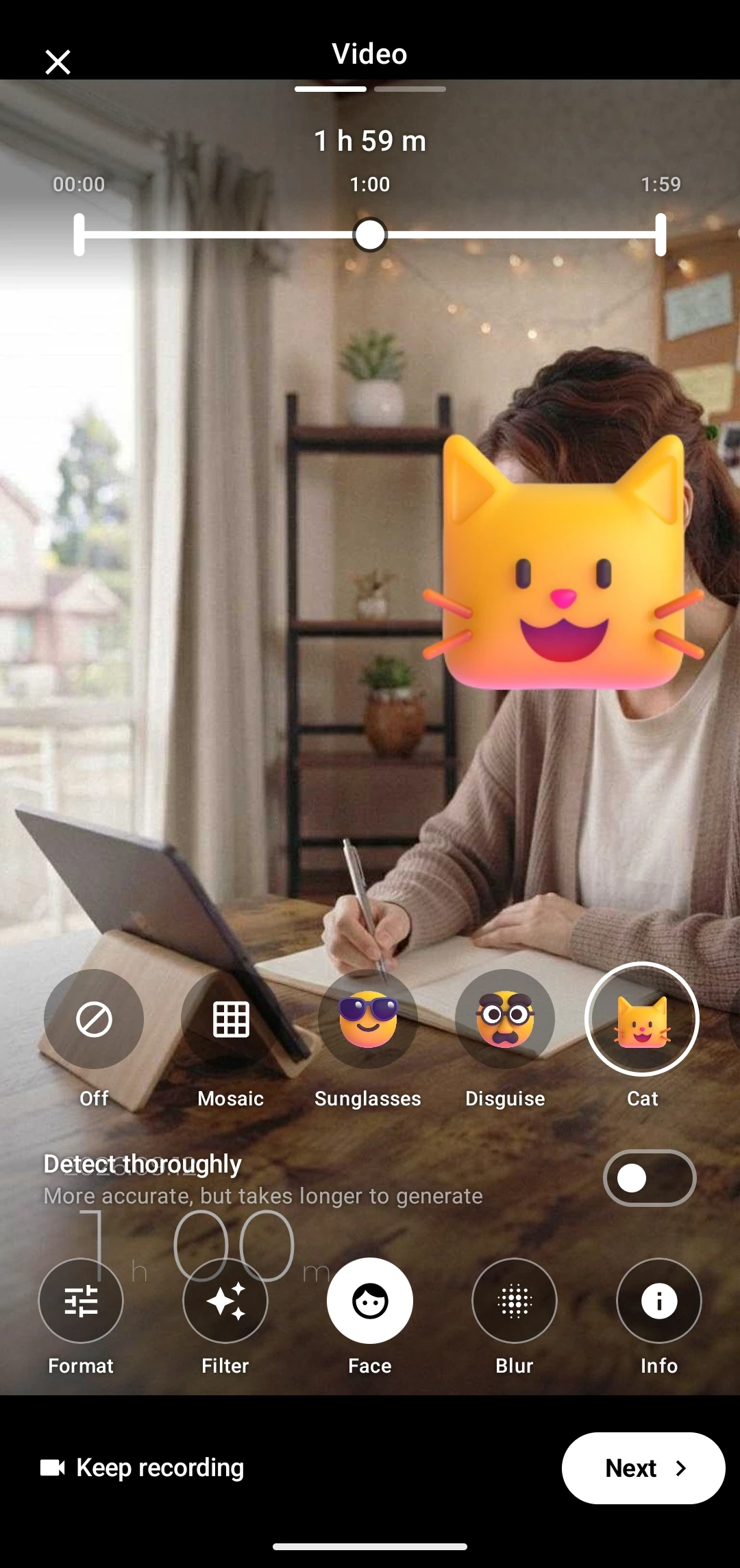 A cat sticker covering a face on the review screen